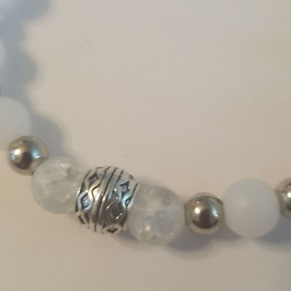 Mens New Custom Made 6mm White & Silver Beaded 8" Expansion Bracelet - Picture 2 of 5